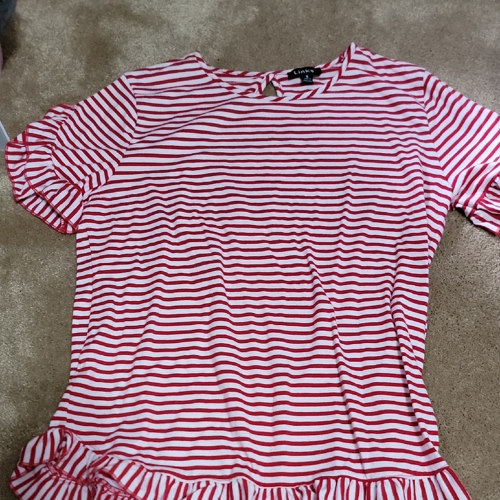 Luxe Women's Red and White Striped Short Sleeve Top